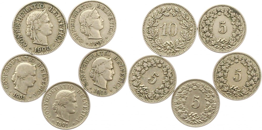  9518 Schweiz Lot von 5 Kursmünzen  1885 -1901   