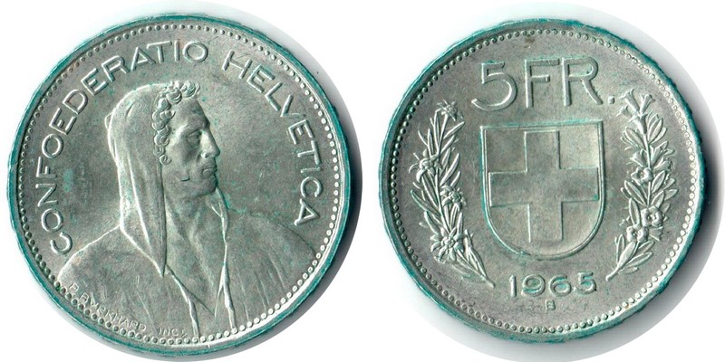  Schweiz  5 Franken  1965  FM-Frankfurt Feingewicht: 12.52g Silber sehr schön/vz   