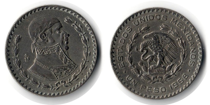  Mexiko  1 Peso  1958  FM-Frankfurt  Feingewicht: 1,6g  Silber  sehr schön   