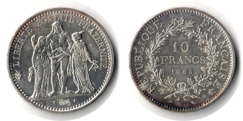  Frankreich  10 Francs  1965  FM-Frankfurt  Feingewicht: 22,5g  Silber sehr schön/vorzüglich   