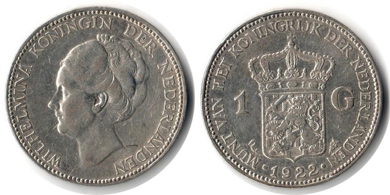  Niederlande  1 Gulden   1922  FM-Frankfurt  Feingewicht: 7,2g Silber  sehr schön   