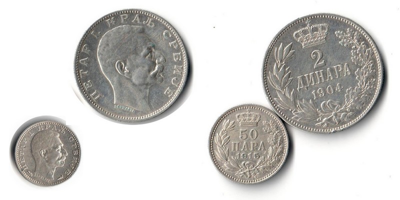  Serbien 50 Para / 2 Dinar  1915/1904 FM-Frankfurt Feingewicht: 2,09/8,35g  Silber  sehr schön   