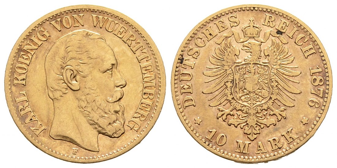 PEUS 8817 Württemberg 3,58 g Feingold. Karl (1864 - 1891) 10 Mark GOLD 1876 F Stuttgart Sehr schön