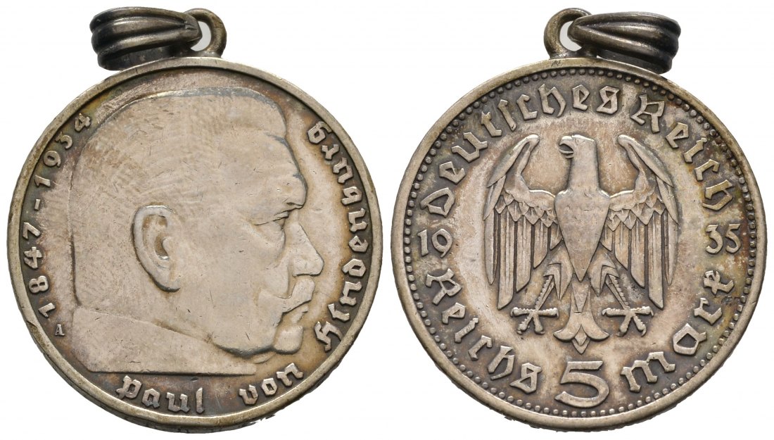 PEUS Drittes Reich Paul von Hindenburg 5 Reichsmark 1935 A Gehenkelt, sehr schön