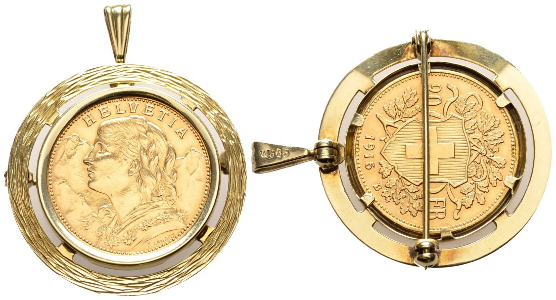 PEUS 9016 Schweiz Insg. 9,08, Münze 5,81 g Feingold. Vrenerli 20 Franken GOLD 1915 B Gefasst, sehr schön