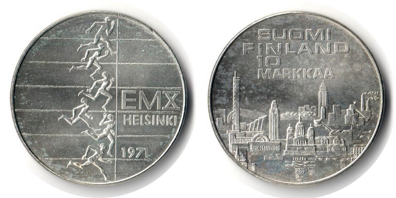  Finnland  10 Markkaa  1971  FM-Frankfurt  Feingewicht: 12,1g  Silber  vz/ss   