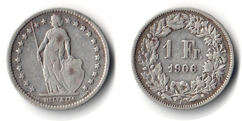  Schweiz  1 Franken  1906  FM-Frankfurt Feingewicht: 4,18g Silber sehr schön   