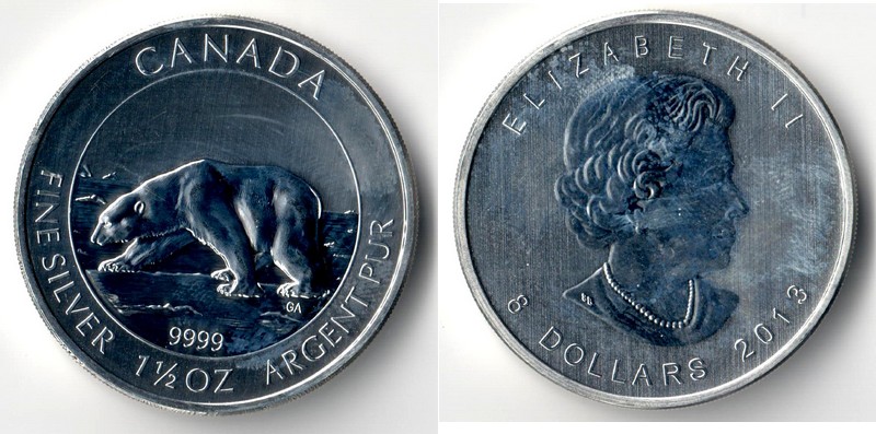  Kanada 8 Dollar (Polar Bär) 2013  FM-Frankfurt  Feingewicht: 46,65g Silber stgl/vz (angelaufen)   