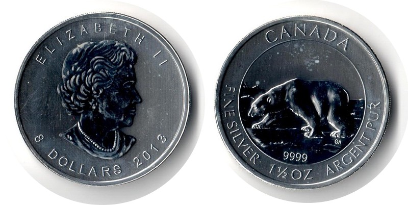  Kanada 8 Dollar (Polar Bär) 2013  FM-Frankfurt  Feingewicht: 46,65g Silber stgl./vz. (angelaufen)   