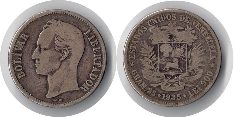  Venezuela  5 Bolivares  1935  FM-Frankfurt  Feingewicht: 22,5g Silber   sehr schön   