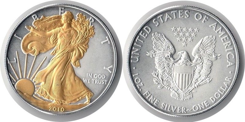  USA  1 Dollar (American Eagle) 2010  FM-Frankfurt Feingewicht: 31,1g Silber  stg mit Goldapplikation   