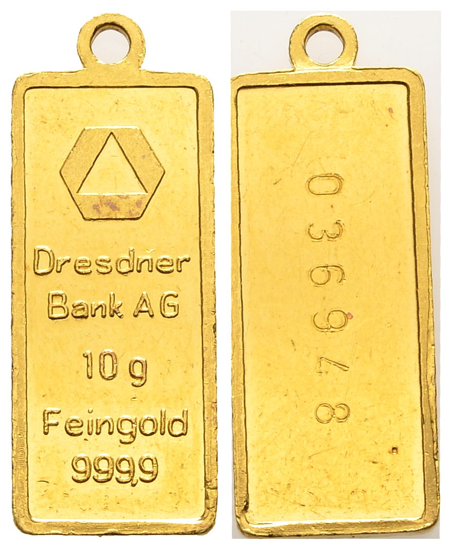 PEUS 9019 BRD 10 g Feingold. Dresdner Bank AG Barren GOLD 10 g o.J. Impaired Proof / Vorzüglich aus PP