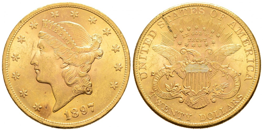 PEUS 9022 USA 30,1 g Feingold. Coronet Head 20 Dollars GOLD 1897 Kl. Kratzer, Sehr schön +