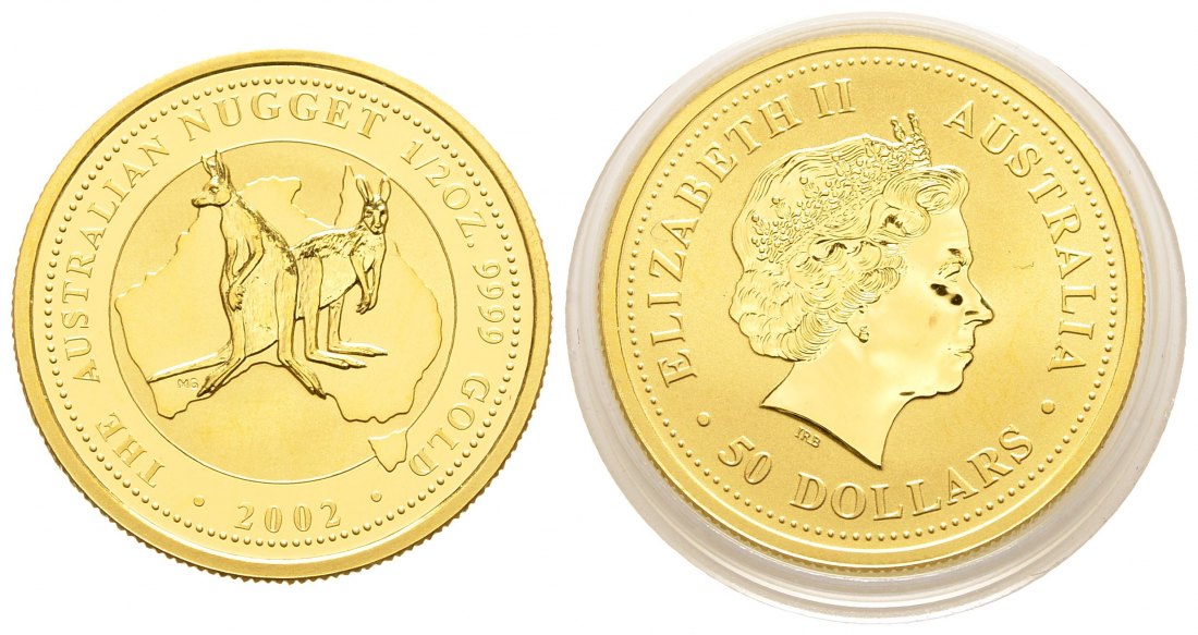 PEUS 9026 Australien 15,55 g Feingold. Zwei Kängurus vor Landkarte 50 Dollars GOLD 1/2 Unze 2002 Uncirculated (in Kapsel)