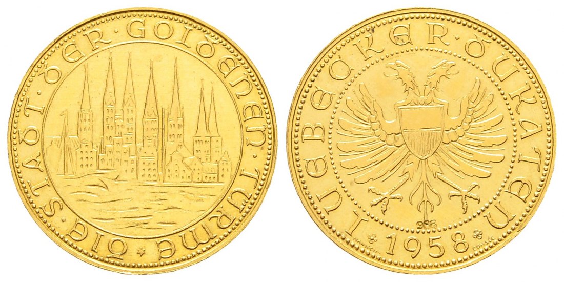 PEUS 9027 Lübeck 3,45 g 986er. Kirchtürme / Wappen 1 Dukat GOLD 1958 Winzige Kratzer, fast Stempelglanz