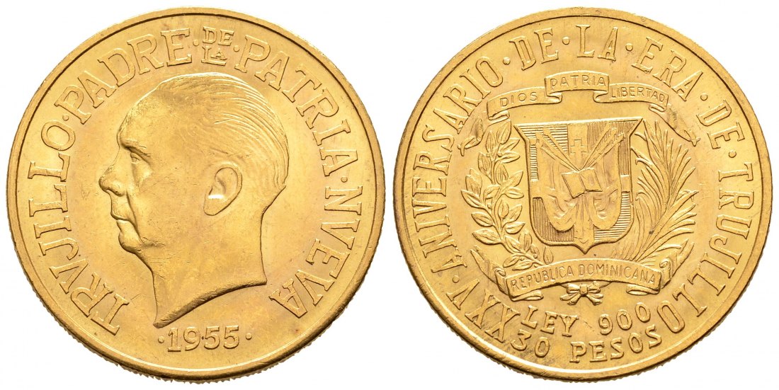 PEUS 9029 Domenikanische Republik 26,66 g Feingold. 25. Jahre Trujillo Regime 30 Pesos GOLD 1955 Kl. Kratzer, Vorzüglich +