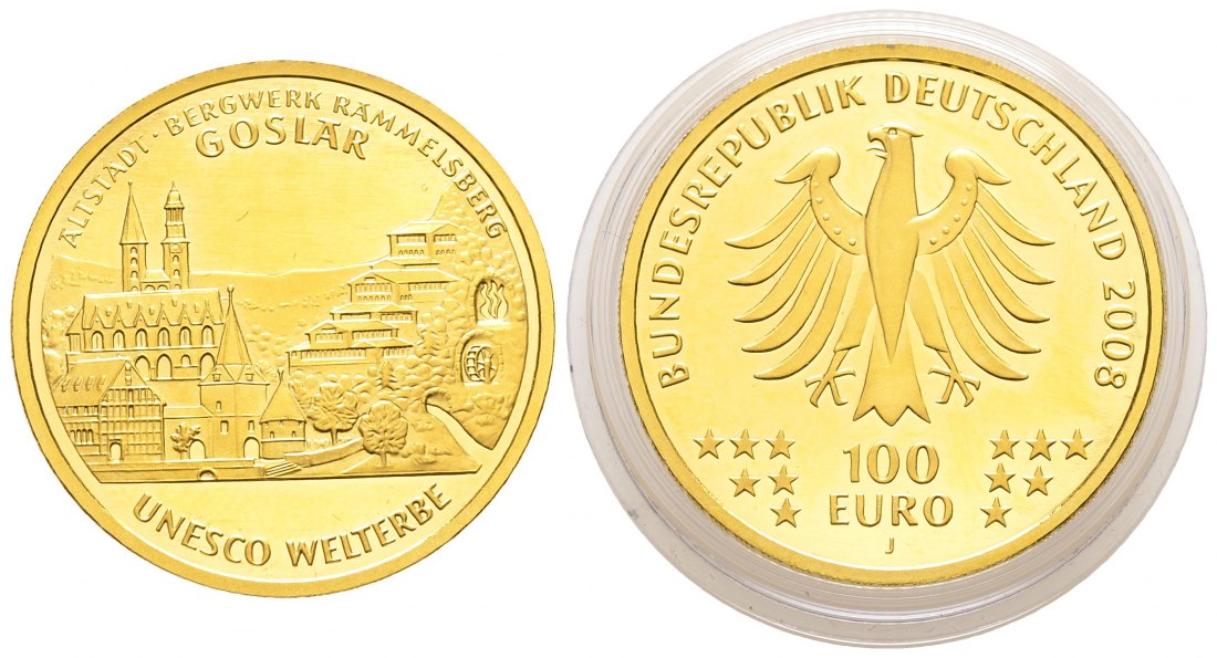 PEUS 9031 BRD 15,55 g Feingold. Goslar OHNE Etui und Zertifikat 100 Euro GOLD 1/2 Unze 2008 J Hamburg Stempelglanz (Originalkapsel)