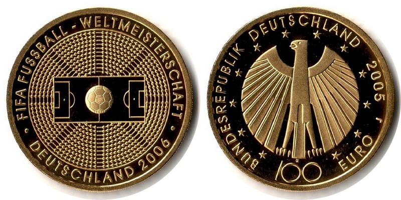 BRD MM-Frankfurt Feingewicht: 15,55g Gold 100 EUR (FIFA) 2005 J stempelglanz