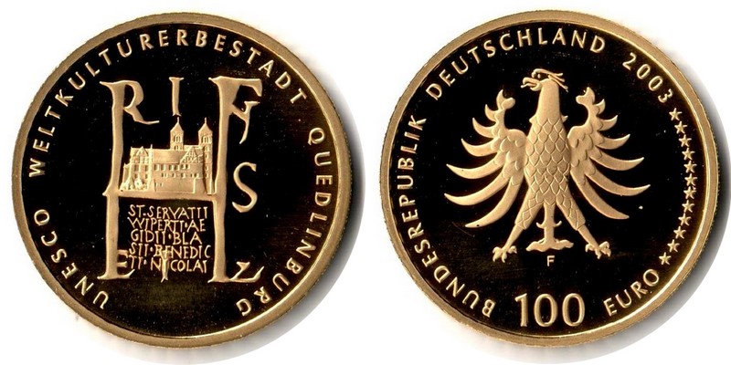 BRD MM-Frankfurt  Feingewicht: 15,5g Gold 100 EUR Qedlinburg 2003 F stg