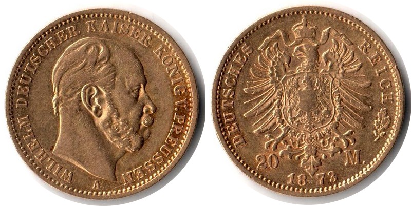 Preussen, Königreich MM-Frankfurt Feingewicht: 7,17g Gold 20 Mark 1873 A sehr schön