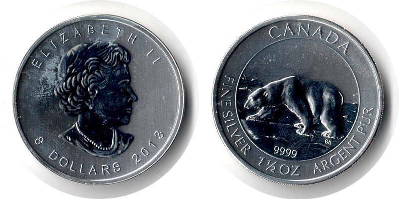  Kanada 8 Dollar (Polar Bär) 2013  FM-Frankfurt  Feingewicht: 46,65g Silber stgl./vz. (angelaufen)   