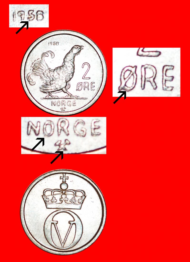  √ BIRD: NORWAY ★ 2 ORE 1958 YEAR=TYPE DOUBLE DIE UNCOMMON! LOW START ★ NO RESERVE!   