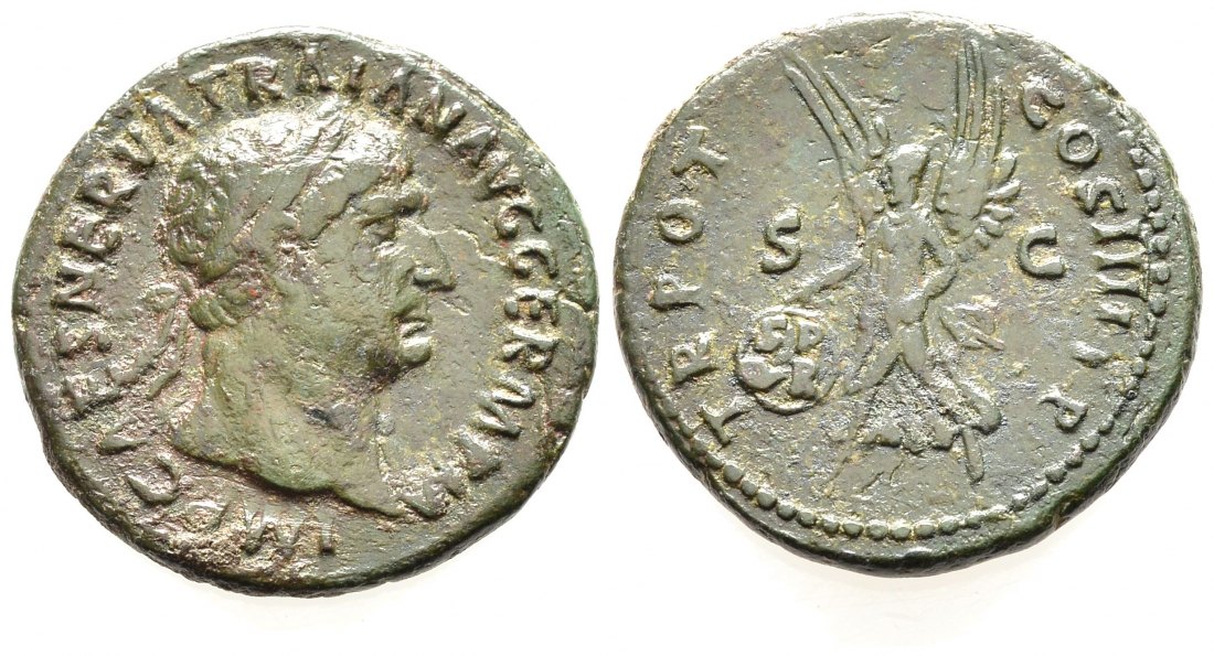 PEUS 9075 Kaiserliche Prägung Traianus (98-117) As 101/102 Rom Schwarzgrüne Patina, Sehr schön