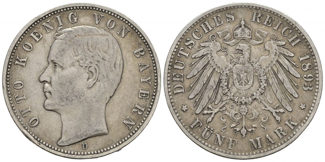 PEUS 9119 Bayern - Kaiserreich Otto (1886 - 1913) 5 Mark 1893 D München Sehr schön