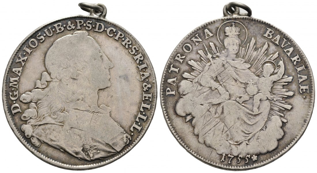 PEUS 9122 Bayern Patrona Bavariae Madonna. Maximilian III. Joseph (1745-1777) Madonnentaler 1755 Gehenkelt, fast Sehr schön
