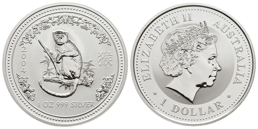 PEUS 4341 Australien 31,1 g Feinsilber. Lunar - Jahr des Affen Dollar SILBER Unze 2004 Uncirculated (in Kapsel)