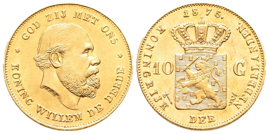 PEUS 9142 Niederlande 6,06 g Feingold. Wilhelm III. (1849 - 1890) 10 Gulden GOLD 1875 Utrecht Vorzüglich