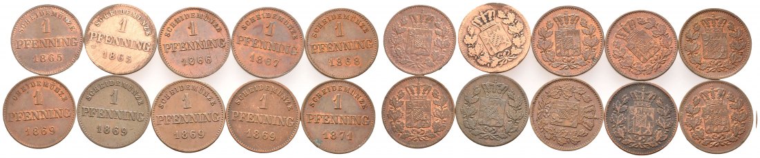 PEUS 9149 Bayern Ludwig II. (1864-1886) Cu-Pfennig Lot (10 Münzen) 1865 - 1871 Sehr schön bis Vorzüglich