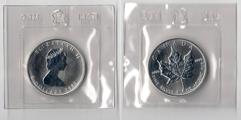  Kanada  5 Dollar (Maple Leaf) 1989 FM-Frankfurt Feingewicht: 31,1g Silber stempelglanz   
