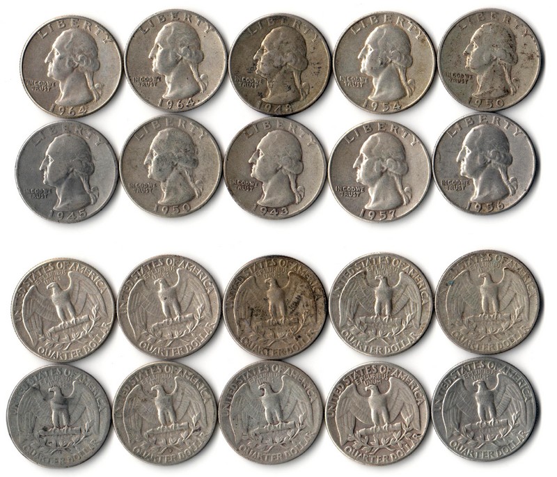  USA 10x Quarter Dollar (Washington) ver.Jgg  FM-Frankfurt Feingewicht: 10x 5,62g Silber  schön   