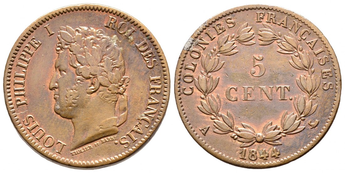 PEUS 9168 Haiti, Französische Kolonie  CU-5 Centimes 1844 A, Paris Sehr schön / Vorzüglich