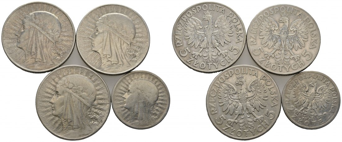 PEUS 9179 Polen Insgesamt 28,05 g Feinsilber. Königin Jadwiga Zlotych-Lot (4 Münzen)SILBER 1932-34 Meist Sehr schön