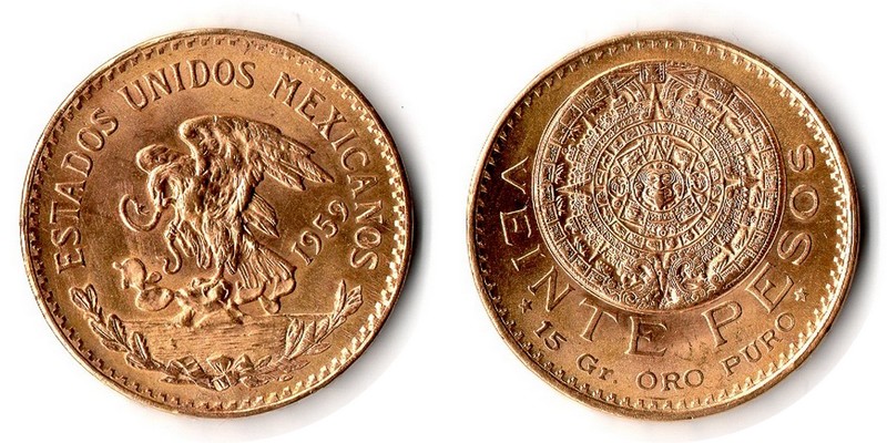 Mexiko MM-Frankfurt Feingewicht: 15g Gold 20 Pesos 1959 vorzüglich/sehr schön