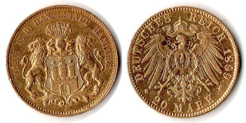 Hamburg, Freie und Hansestadt MM-Frankfurt Feingewicht: 7,17g Gold 20 Mark 1899 J sehr schön