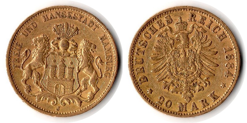 Hamburg, Freie und Hansestadt MM-Frankfurt Feingewicht: 7,17g Gold 20 Mark 1884 J sehr schön