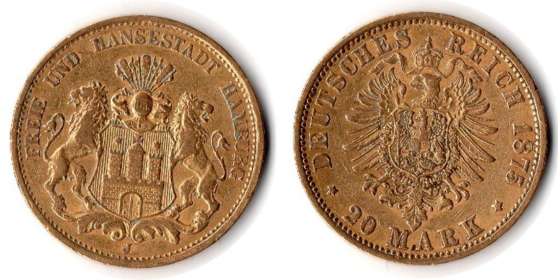 Hamburg, Freie Hansestadt MM-Frankfurt Feingewicht: 7,17g Gold 20 Mark 1875 J sehr schön