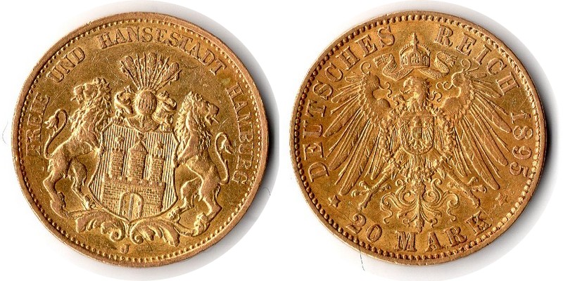 Hamburg, Freie und Hansestadt MM-Frankfurt Feingewicht: 7,17g Gold 20 Mark 1895 J sehr schön