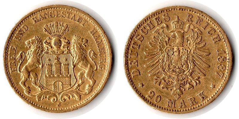 Hamburg, Freie und Hansestadt MM-Frankfurt Feingewicht: 7,17g Gold 20 Mark 1887 J sehr schön