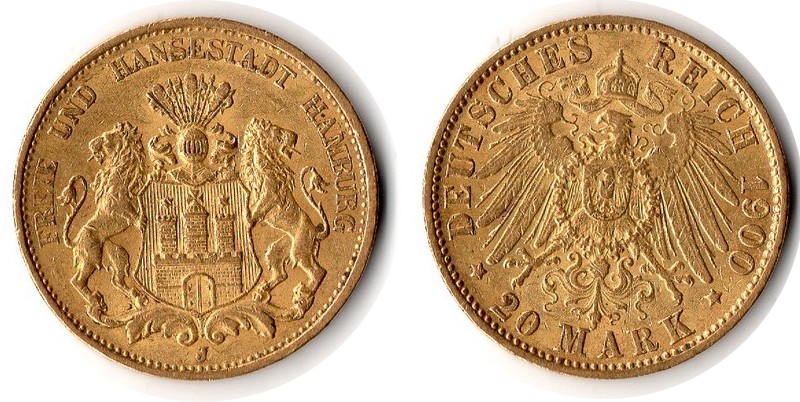 Hamburg, Freie und Hansestadt MM-Frankfurt Feingewicht: 7,17g Gold 20 Mark 1900 J sehr schön