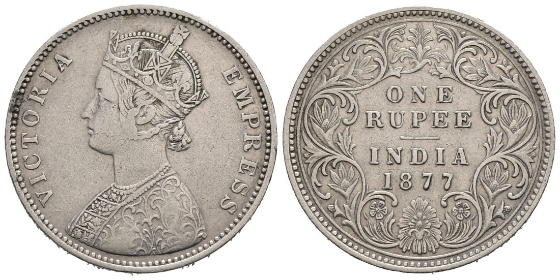 PEUS 9198 GB, Britisch-Indien 10,69 g Feinsilber. Queen Victoria (1837 - 1901) Rupie 1877 Sehr schön