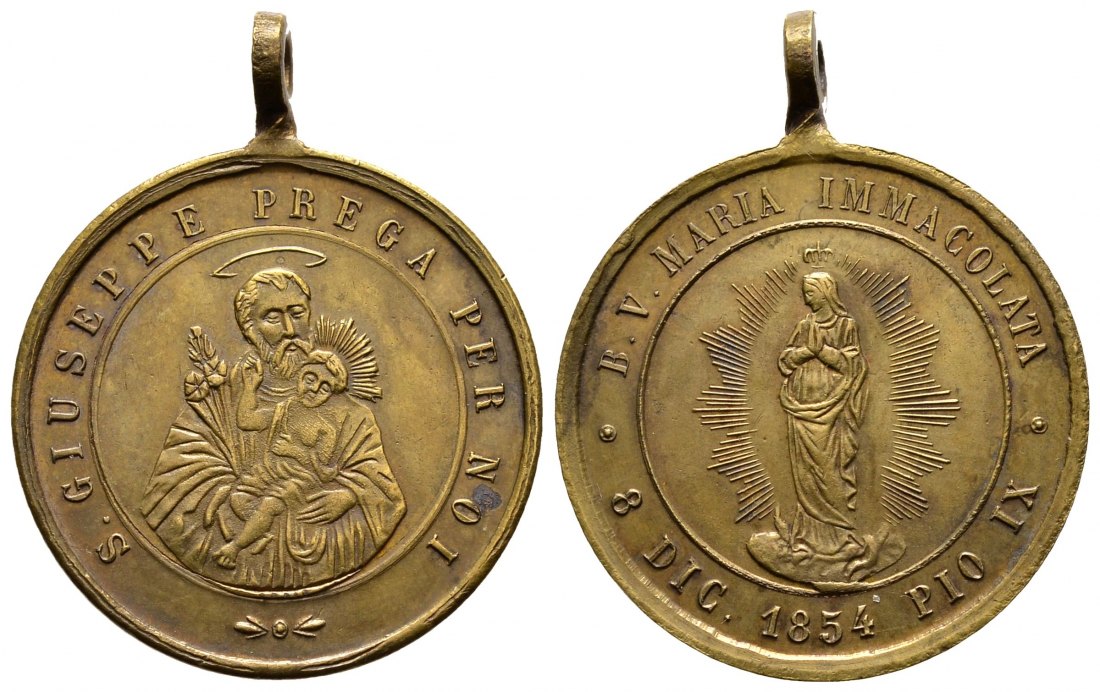 PEUS 9200 Italien 26 mm / 7,27 g. San Guiseppe / Maria Bronzeamulett 1854 Gehenkelt, sehr schön