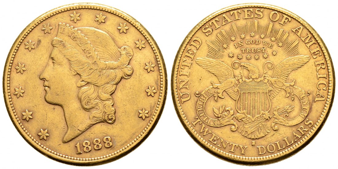 PEUS 9203 USA 30,1 g Feingold. Coronet Head 20 Dollars GOLD 1888 S Kratzer, sehr schön