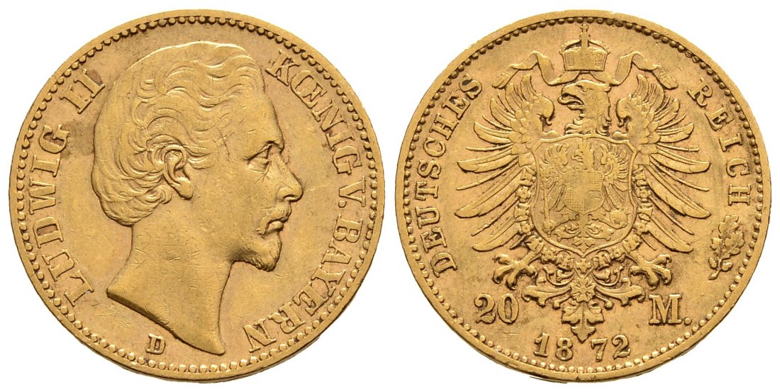 PEUS 9205 Kaiserreich - Bayern 7,17 g Feingold. Ludwig II. (1864 - 1886) 20 Mark GOLD 1872 D München Sehr schön