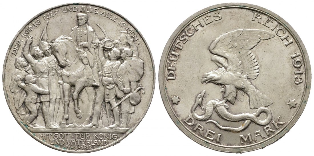 PEUS 9169 Kaiserreich - Preußen 200 Jahre Befreiungskriege gegen Frankreich 3 Mark 1913 Sehr schön +