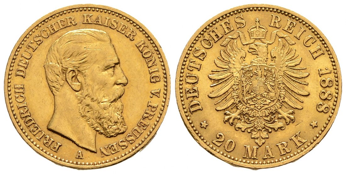 PEUS 9207 Kaiserreich - Preußen 7,17 g Feingold. Friedrich III.(09.03. - 15.06.1888) 20 Mark GOLD 1888 A Sehr schön +