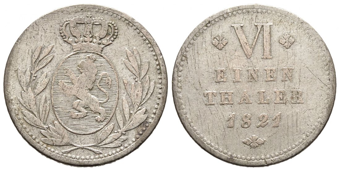 PEUS 9215 Hessen-Kassel Wilhelm II. (1821 - 1847) 1/6 Taler 1821, Kassel Fast sehr schön